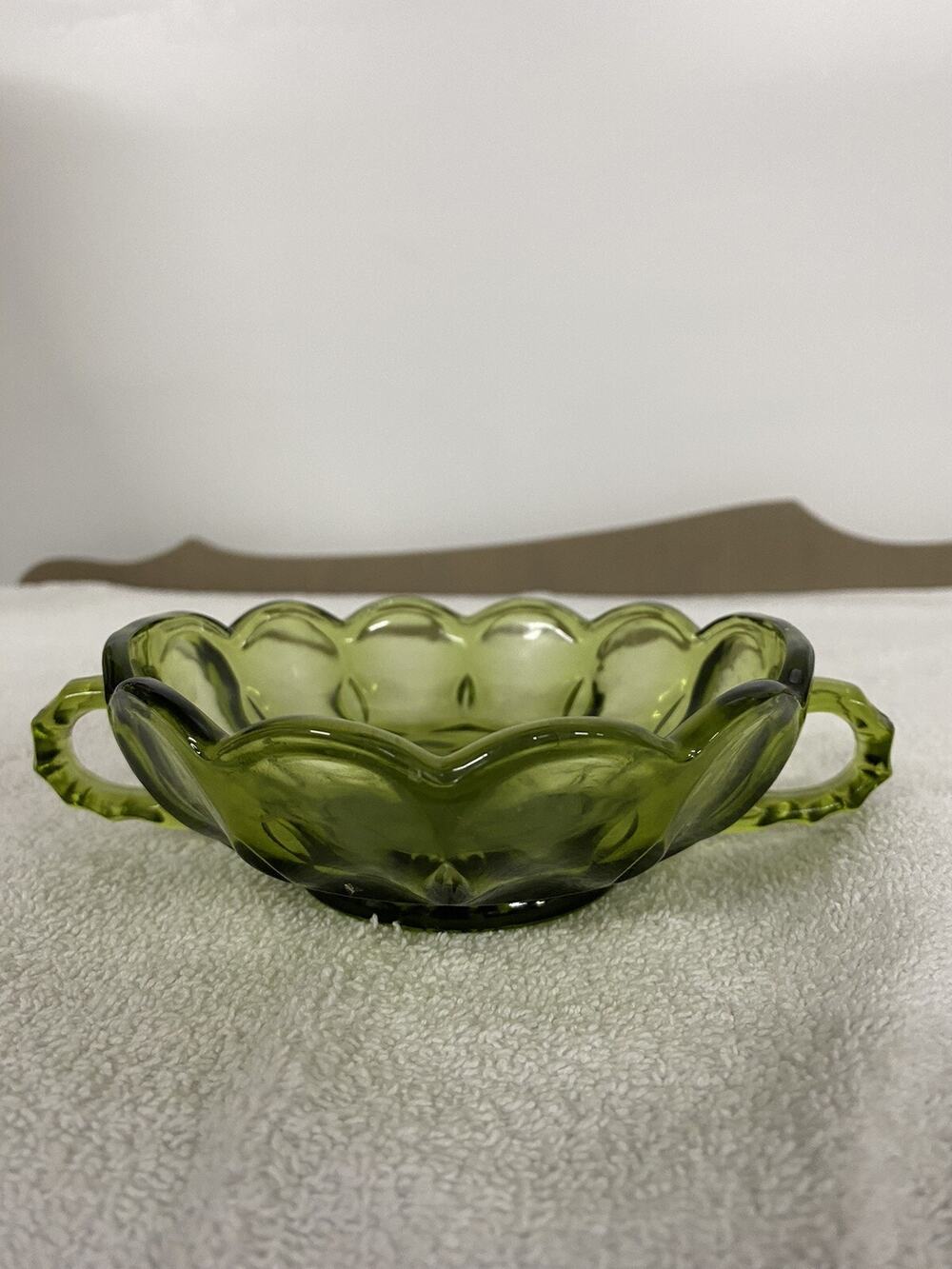 Vintage Avocado glass Anchor Hocking two-handled candy dish